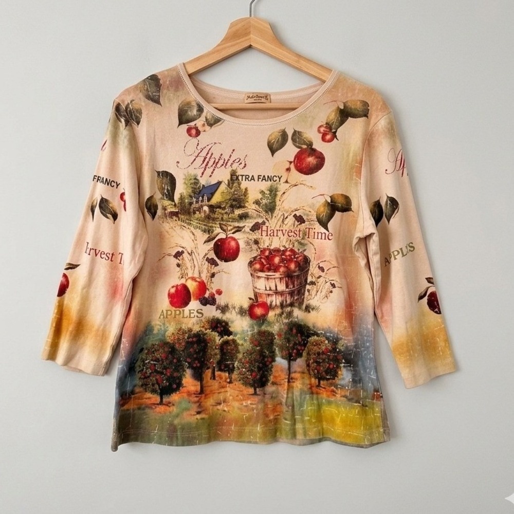 Studio Gem Q Vintage XL Apple Harvest Graphic T-Shirt Rhinestone Cotton Y2K